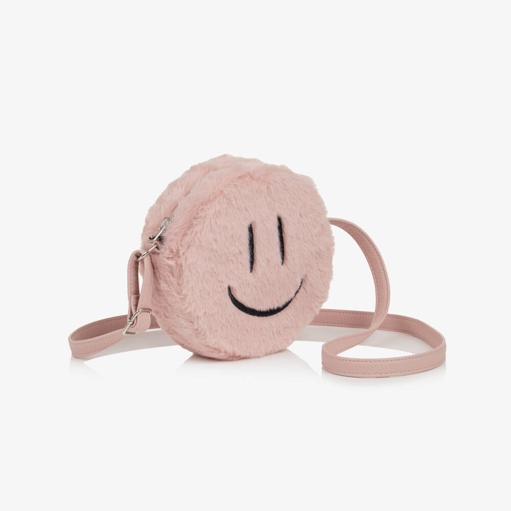 Molo-Girls Pink Smiling Face Faux Fur Shoulder Bag (17cm) | Childrensalon