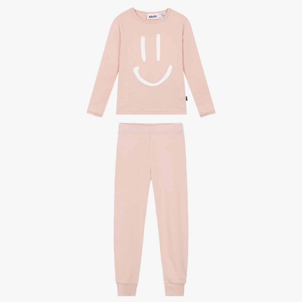 Molo-Girls Pink Smiling Face Long Pyjamas in Organic Cotton | Childrensalon