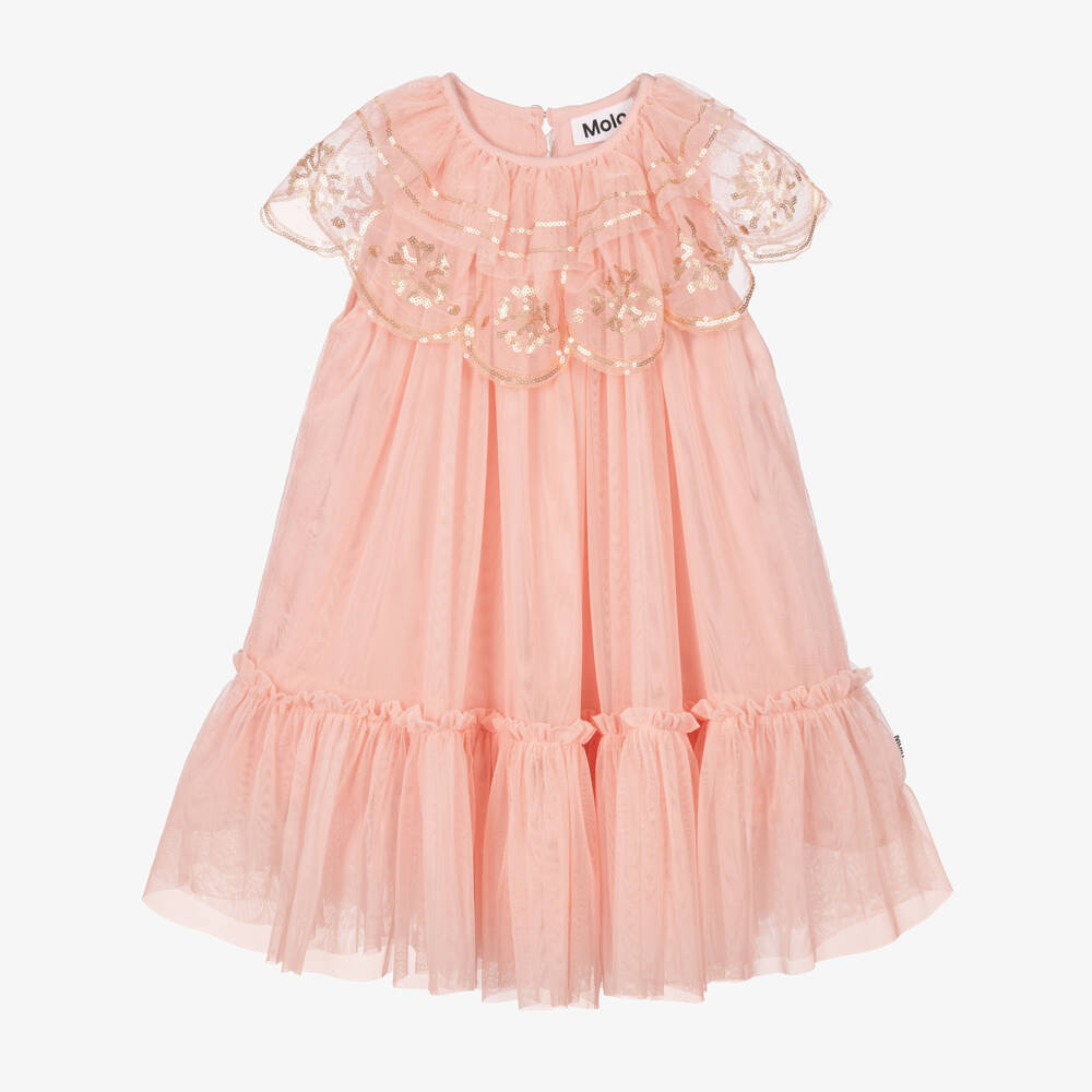 Molo-Girls Pink Tulle Dress with Gold Sequins | Childrensalon