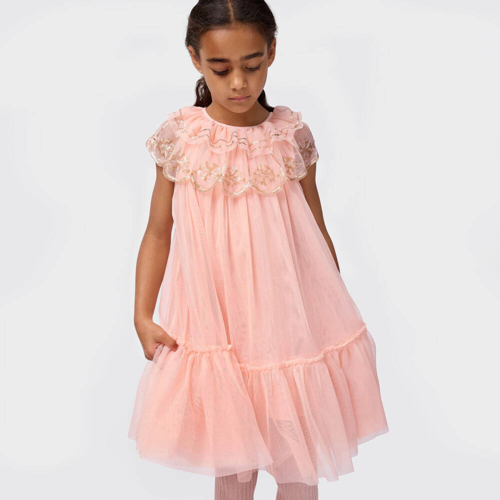 Molo-Girls Pink Tulle Dress with Gold Sequins | Childrensalon