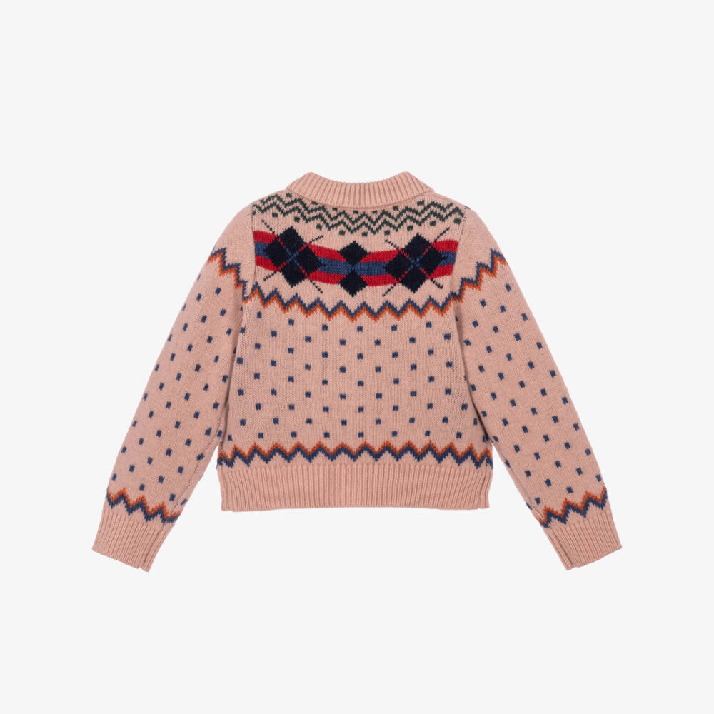 Molo-Girls Pink Wool Knit Cardigan with Horses | Childrensalon