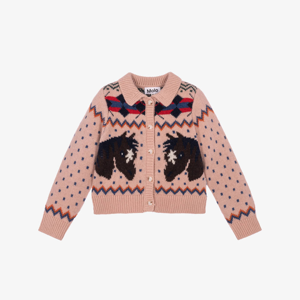 Molo-Girls Pink Wool Knit Cardigan with Horses | Childrensalon