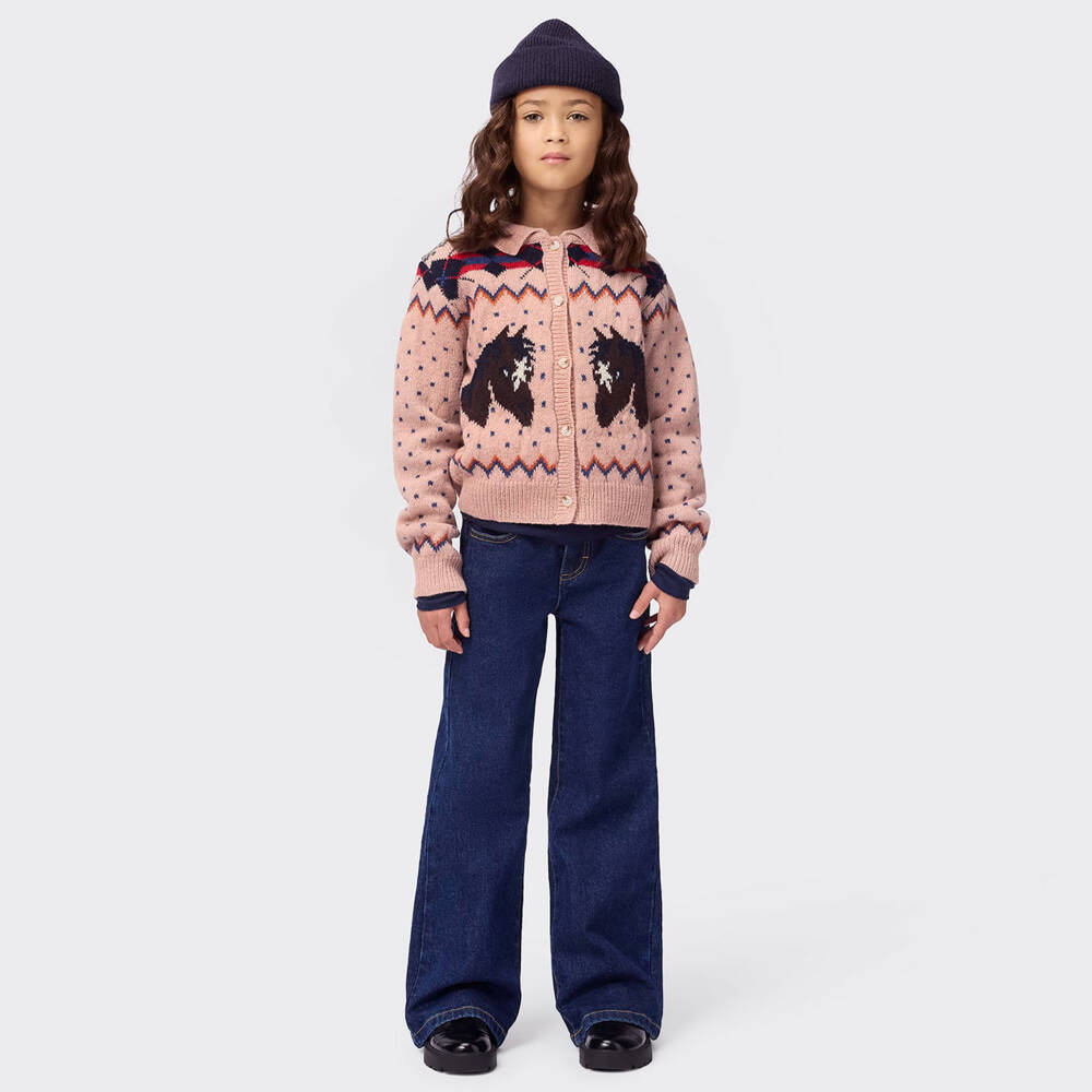 Molo-Girls Pink Wool Knit Cardigan with Horses | Childrensalon