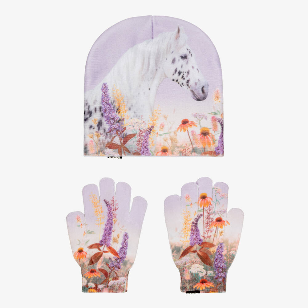 Molo-Girls Purple Beanie Hat & Gloves Set with Horse Print | Childrensalon