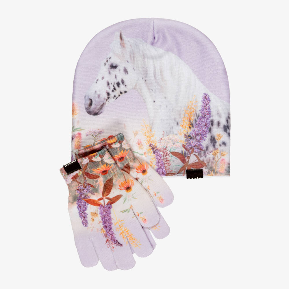 Molo-Girls Purple Beanie Hat & Gloves Set with Horse Print | Childrensalon