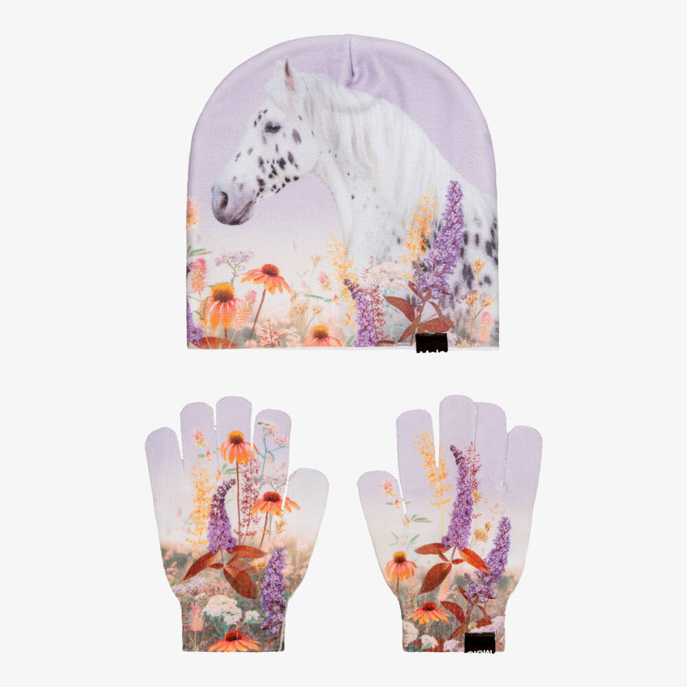 Molo-Girls Purple Beanie Hat & Gloves Set with Horse Print | Childrensalon