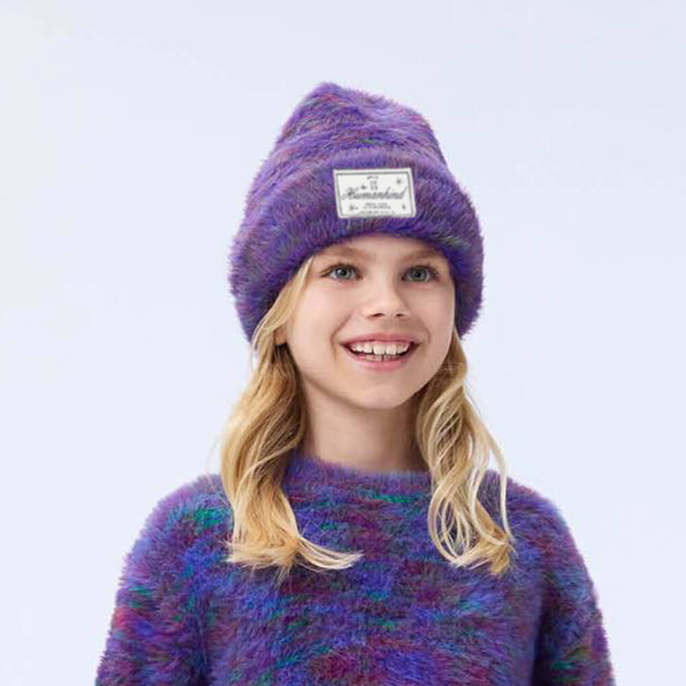 Molo-Girls Purple Fluffy Knit Beanie Hat  | Childrensalon