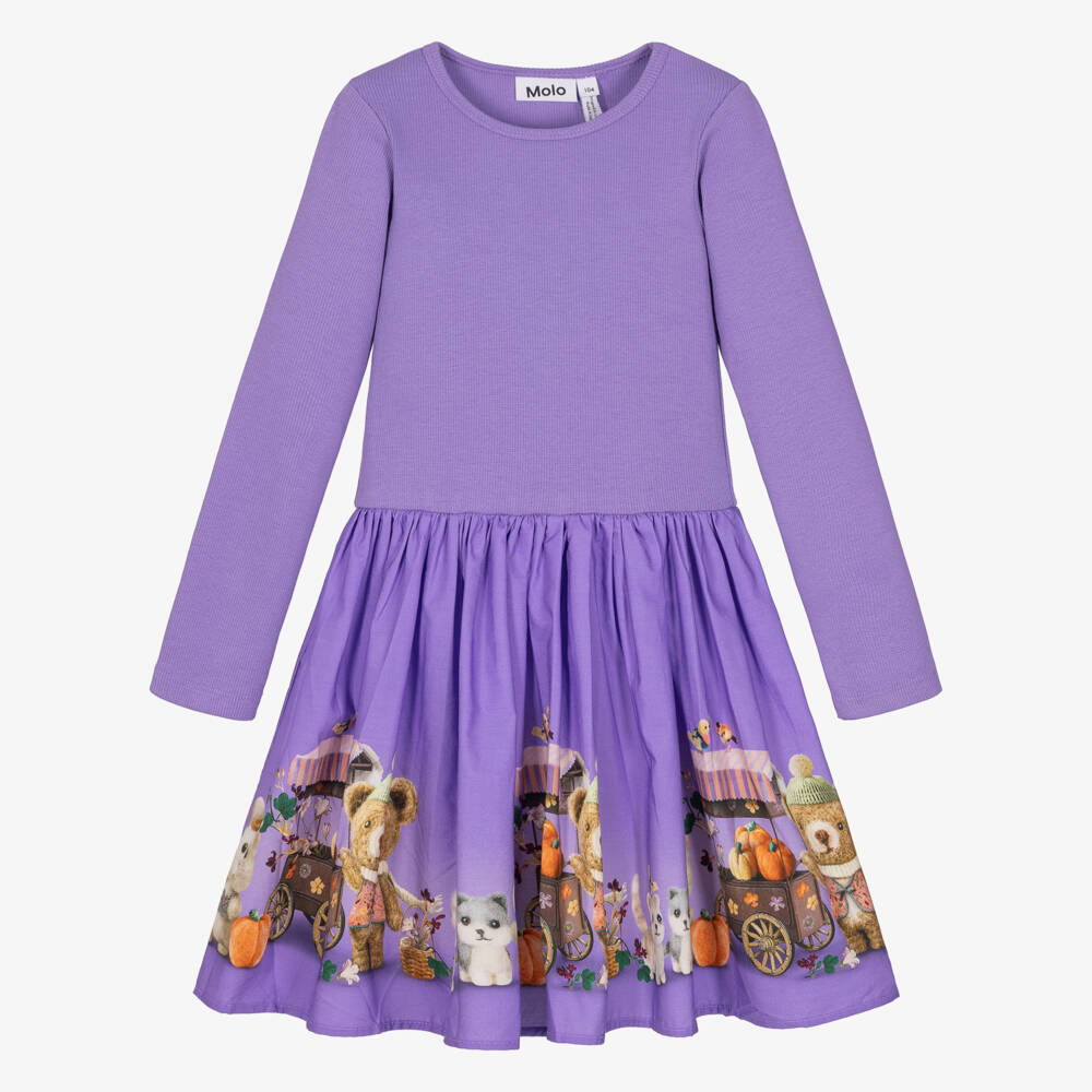 Molo-Girls Purple Organic Cotton Animal Print Dress | Childrensalon