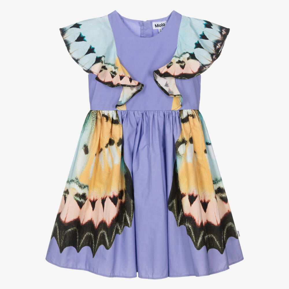 Molo-Girls Purple Organic Cotton Butterfly Dress with Ruffle Sleeves | Childrensalon