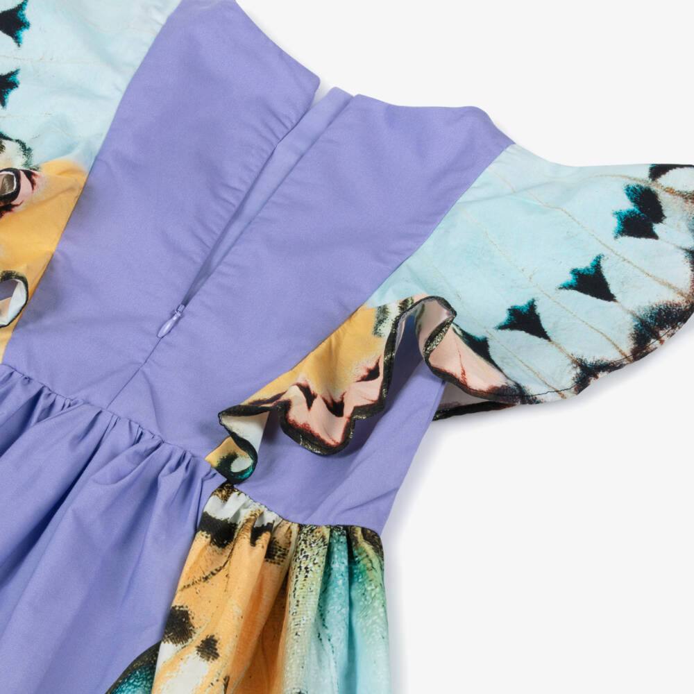 Molo-Girls Purple Organic Cotton Butterfly Dress with Ruffle Sleeves | Childrensalon