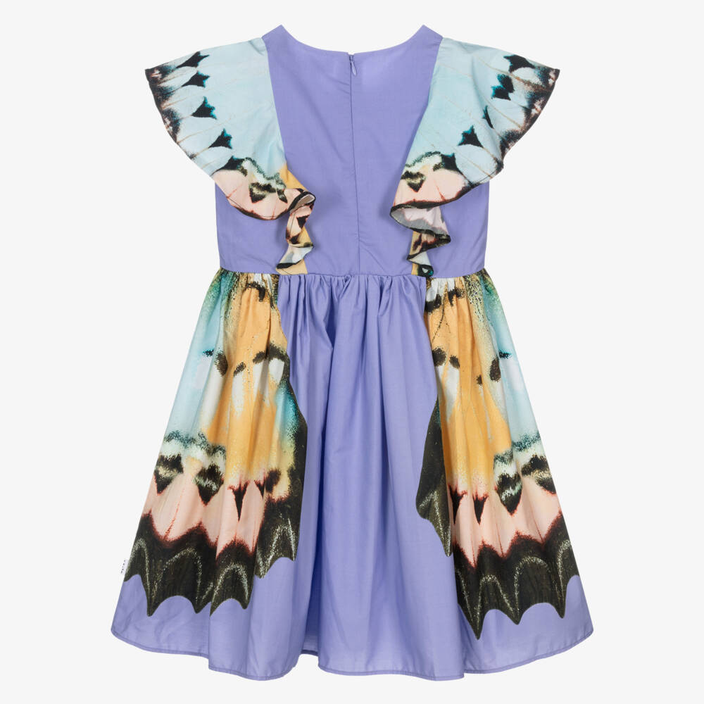 Molo-Girls Purple Organic Cotton Butterfly Dress with Ruffle Sleeves | Childrensalon