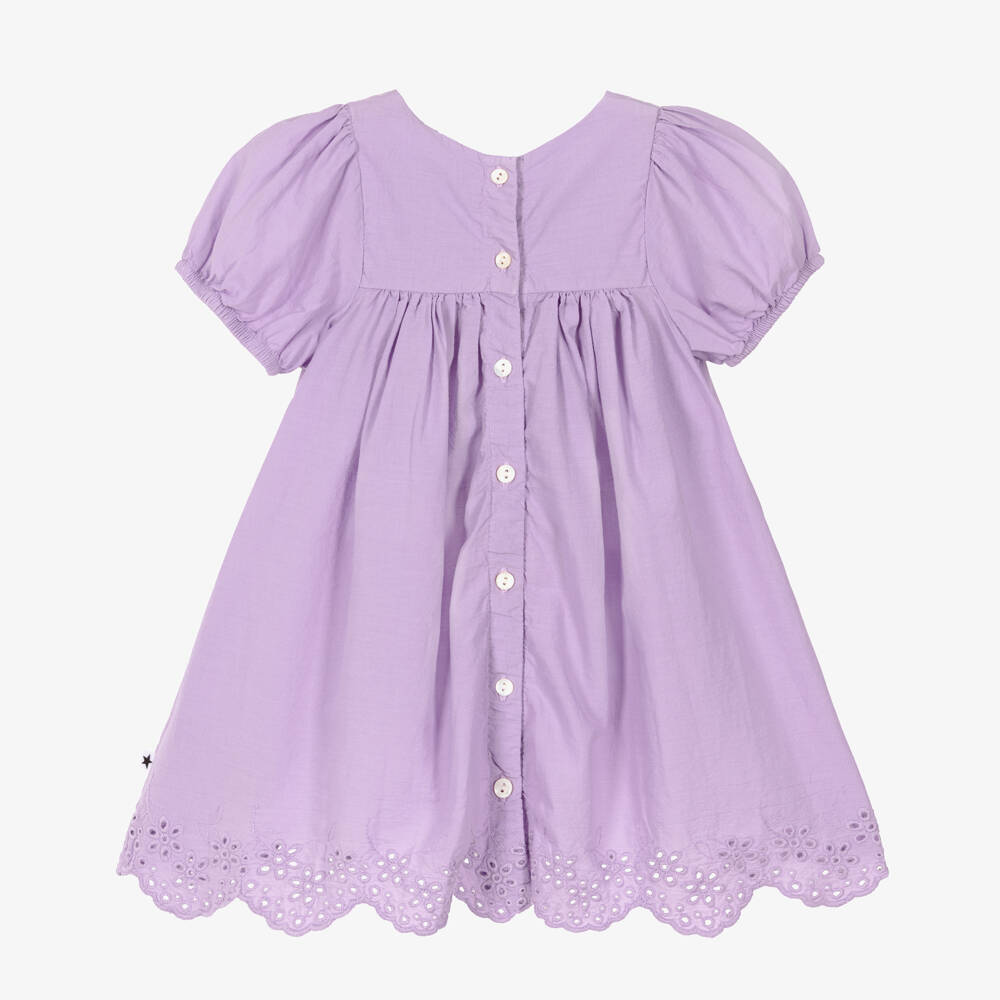 Molo-Girls Purple Organic Cotton Dress with Broderie Trim | Childrensalon
