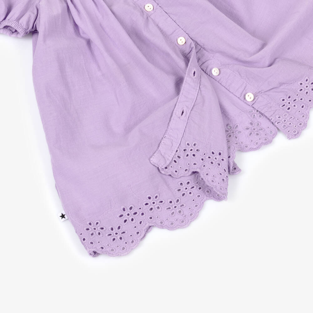 Molo-Girls Purple Organic Cotton Dress with Broderie Trim | Childrensalon