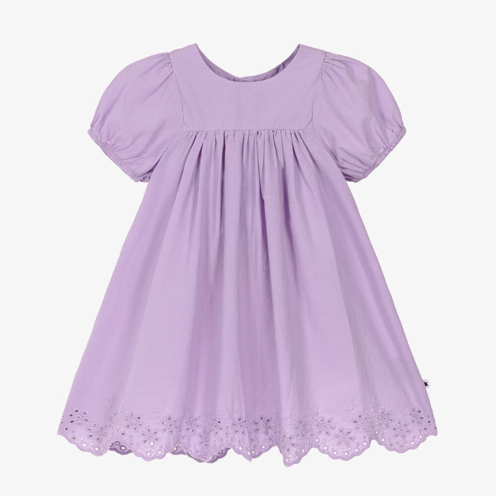 Molo-Girls Purple Organic Cotton Dress with Broderie Trim | Childrensalon
