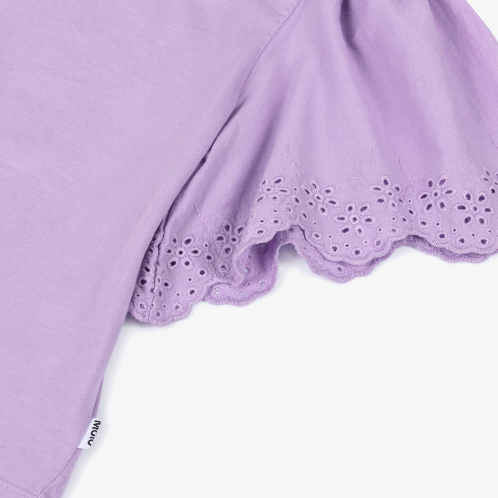 Molo-Girls Purple Organic Cotton T-Shirt with Broderie Sleeves | Childrensalon