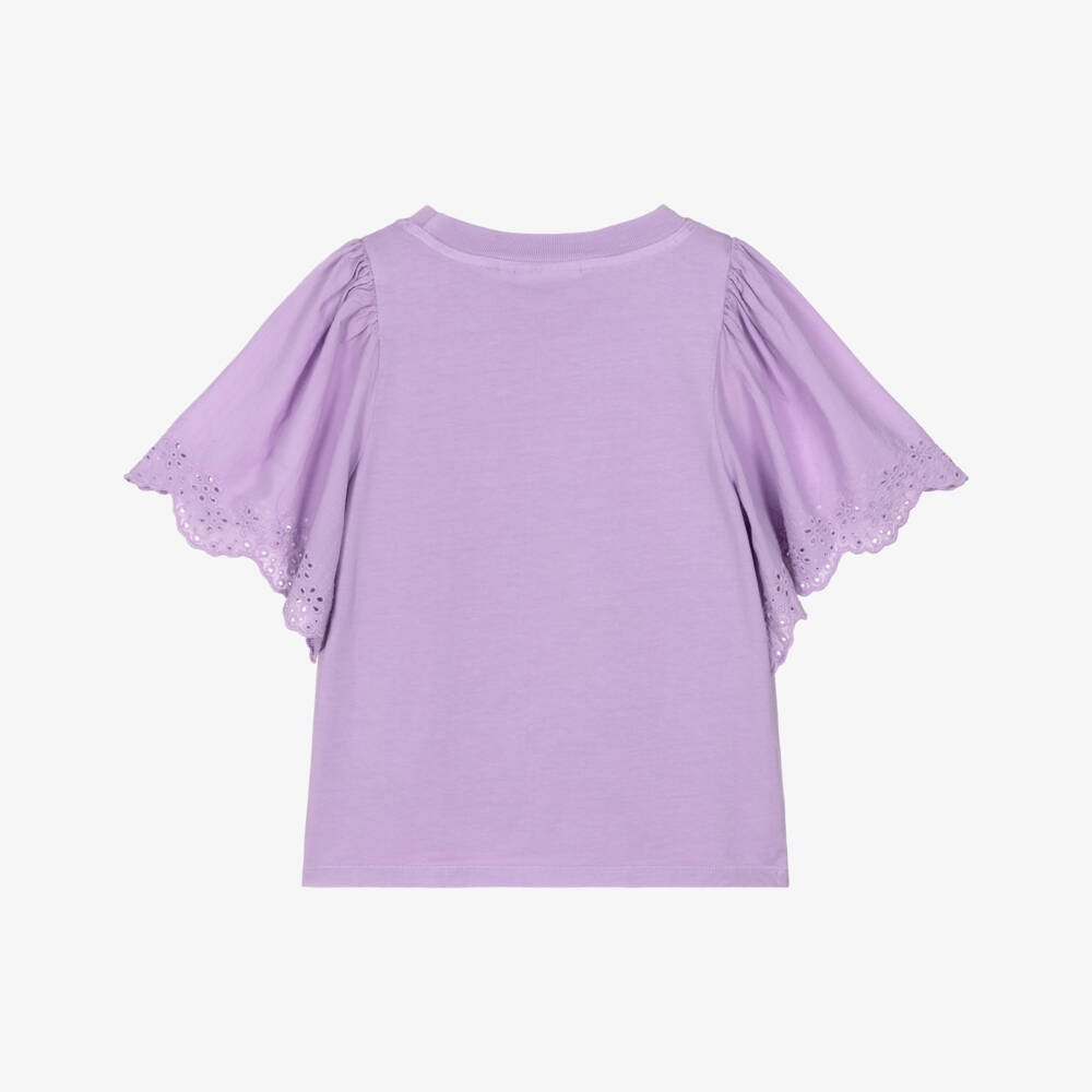 Molo-Girls Purple Organic Cotton T-Shirt with Broderie Sleeves | Childrensalon
