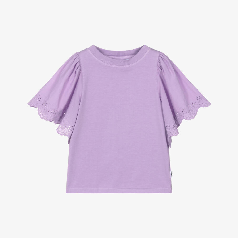 Molo-Girls Purple Organic Cotton T-Shirt with Broderie Sleeves | Childrensalon