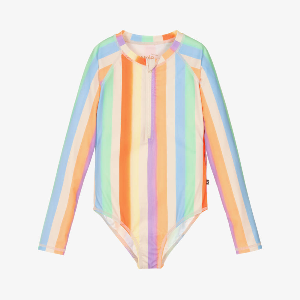 Molo-Girls Rainbow Striped Zip-Up Swimsuit (UPF50+) | Childrensalon