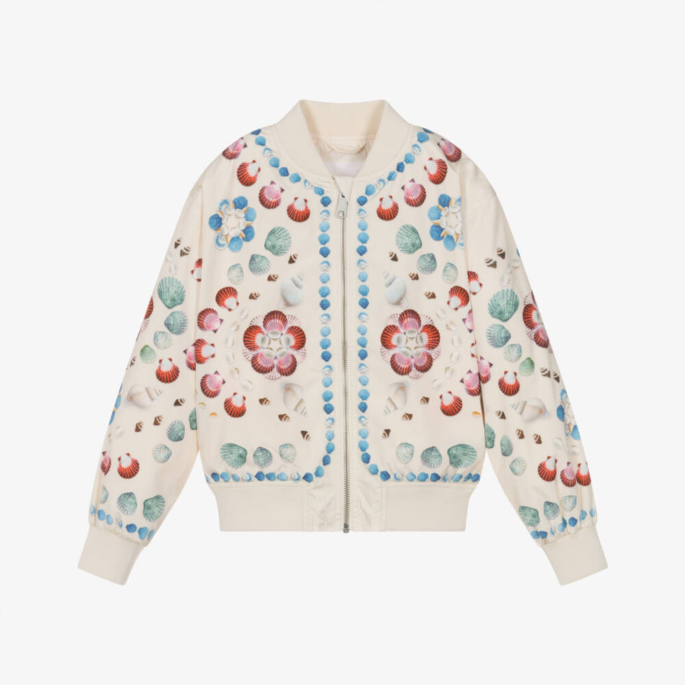 Molo-Girls Silky Ivory Bomber Jacket with Shell Print | Childrensalon