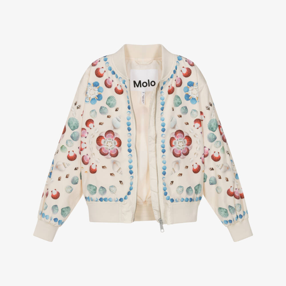 Molo-Girls Silky Ivory Bomber Jacket with Shell Print | Childrensalon