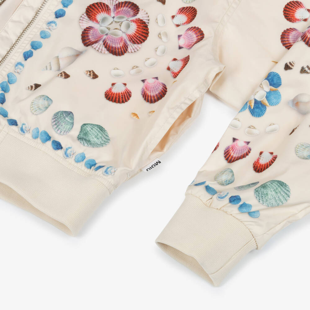 Molo-Girls Silky Ivory Bomber Jacket with Shell Print | Childrensalon