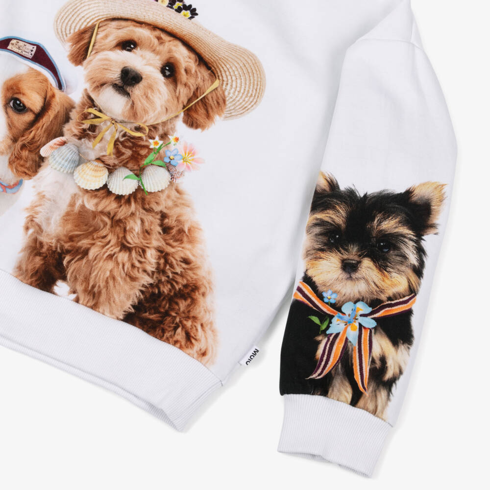 Molo-Girls White & Beige Organic Cotton Sweatshirt with Dog Print | Childrensalon