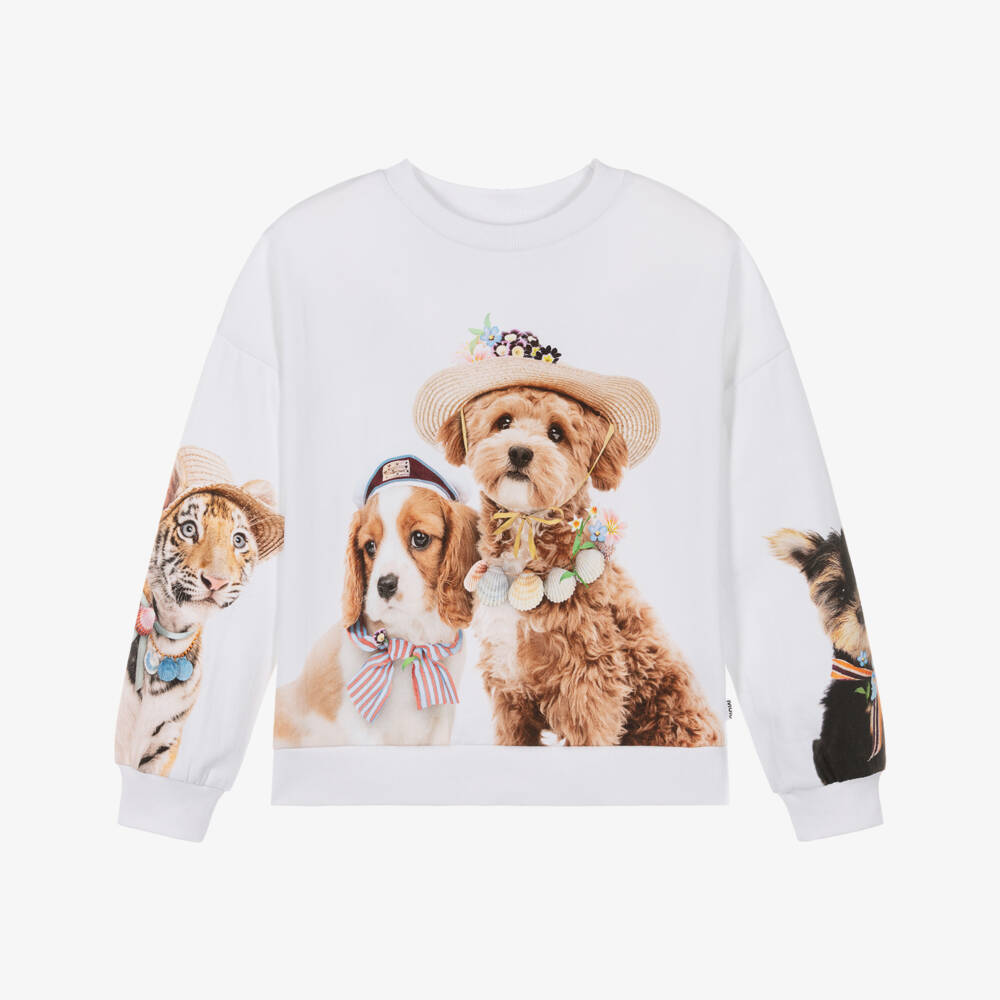 Molo-Girls White & Beige Organic Cotton Sweatshirt with Dog Print | Childrensalon