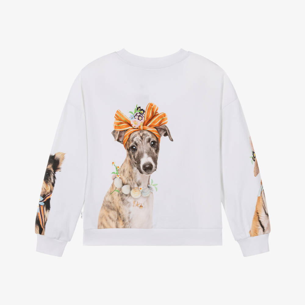 Molo-Girls White & Beige Organic Cotton Sweatshirt with Dog Print | Childrensalon