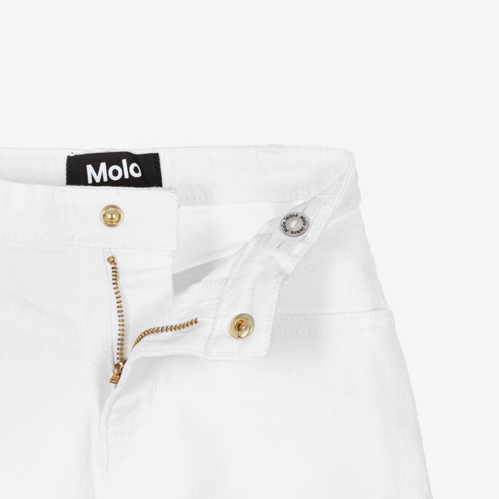Molo-Girls White Cotton Denim Shorts with Broderie Trim | Childrensalon