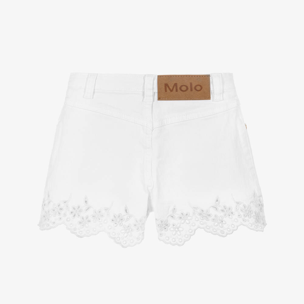 Molo-Girls White Cotton Denim Shorts with Broderie Trim | Childrensalon