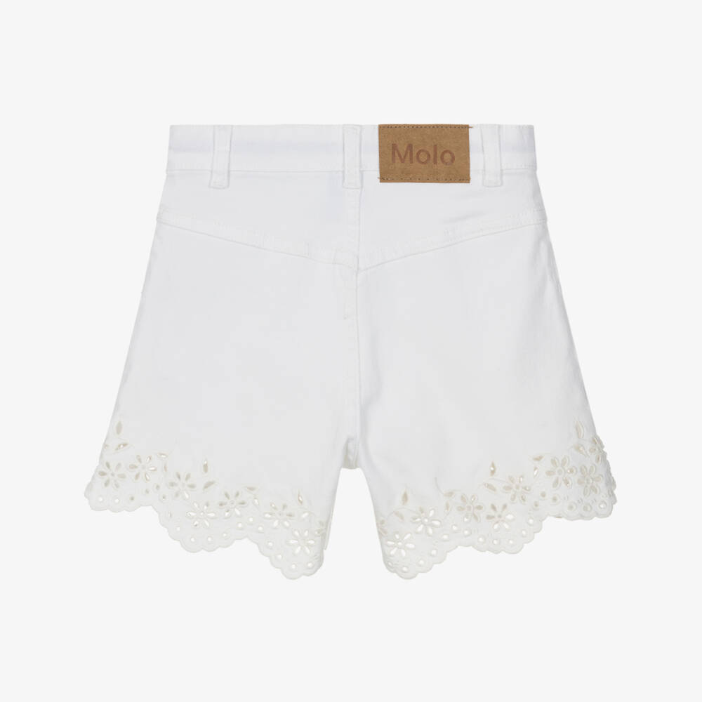 Molo-Girls White Cotton Denim Shorts with Broderie Trim | Childrensalon