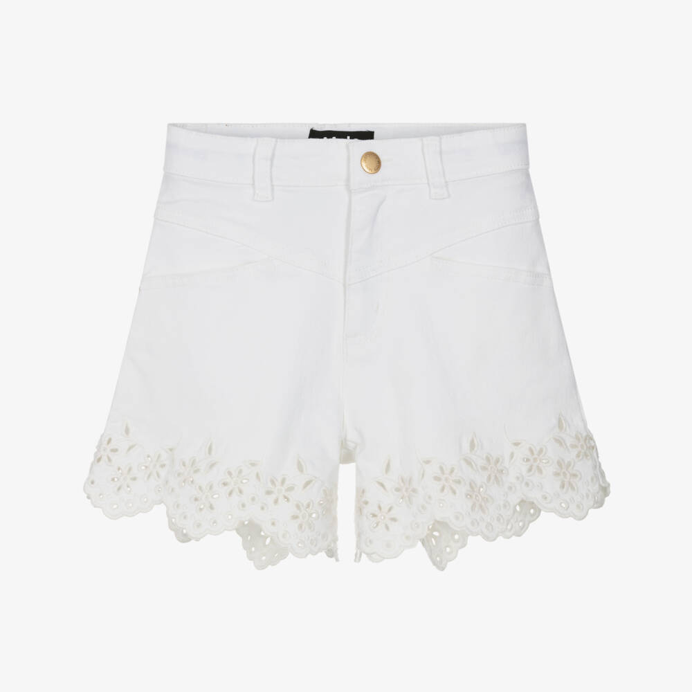 Molo-Girls White Cotton Denim Shorts with Broderie Trim | Childrensalon