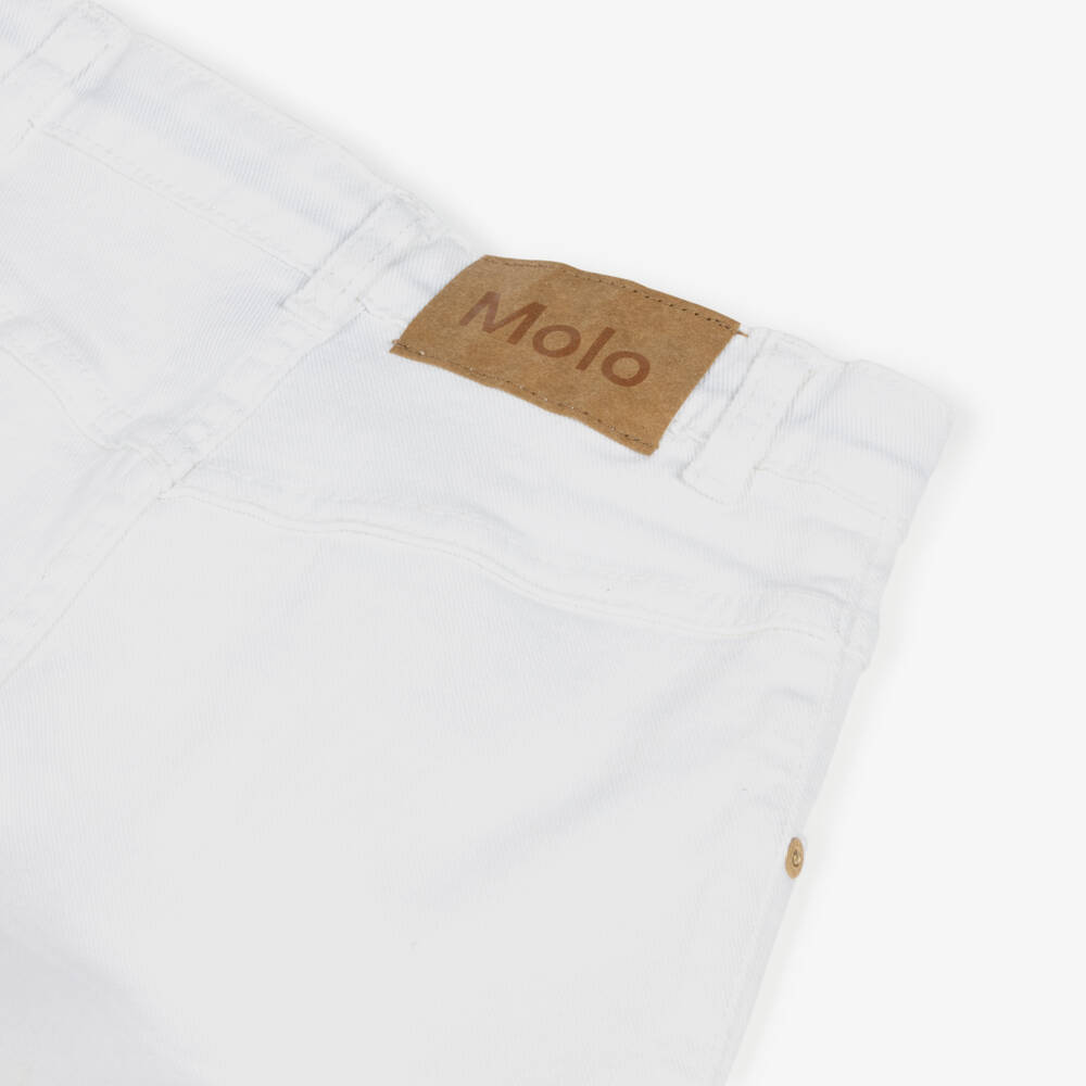 Molo-Girls White Cotton Denim Shorts with Broderie Trim | Childrensalon