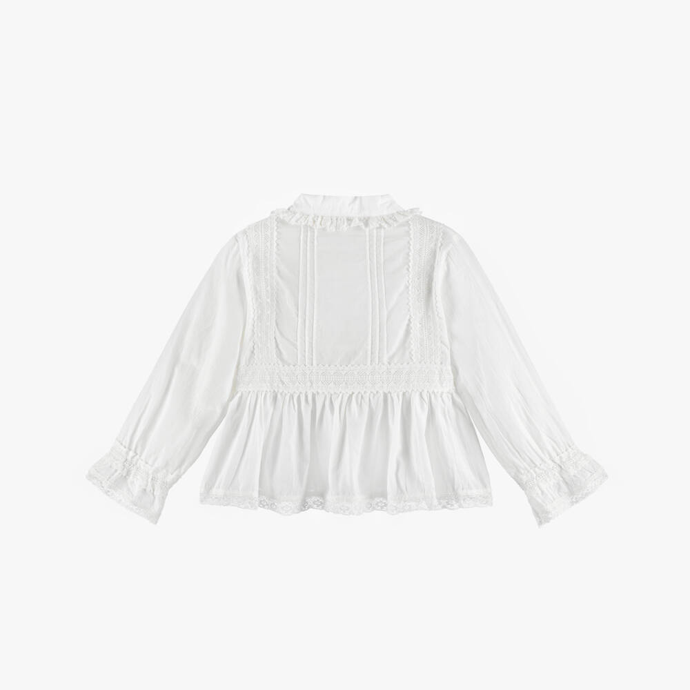 Molo-Girls White Cotton Long Sleeved Blouse with Lace Trims | Childrensalon