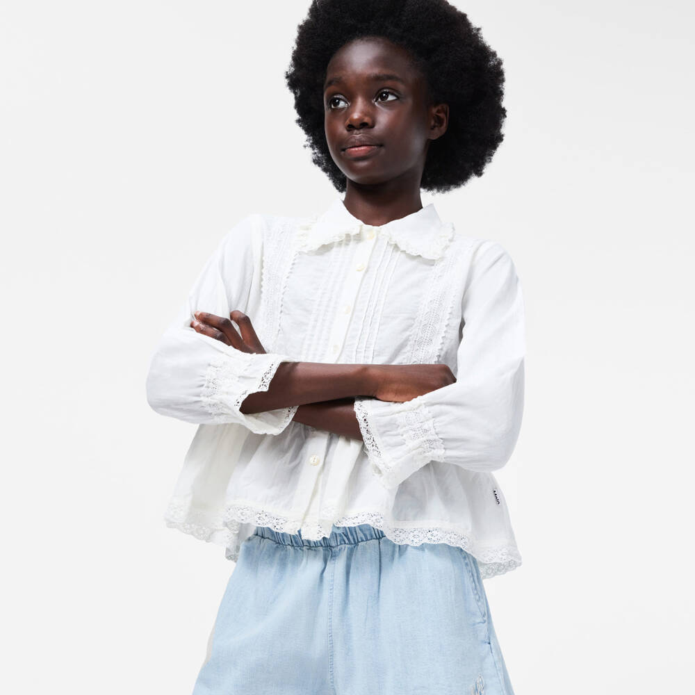Molo-Girls White Cotton Long Sleeved Blouse with Lace Trims | Childrensalon