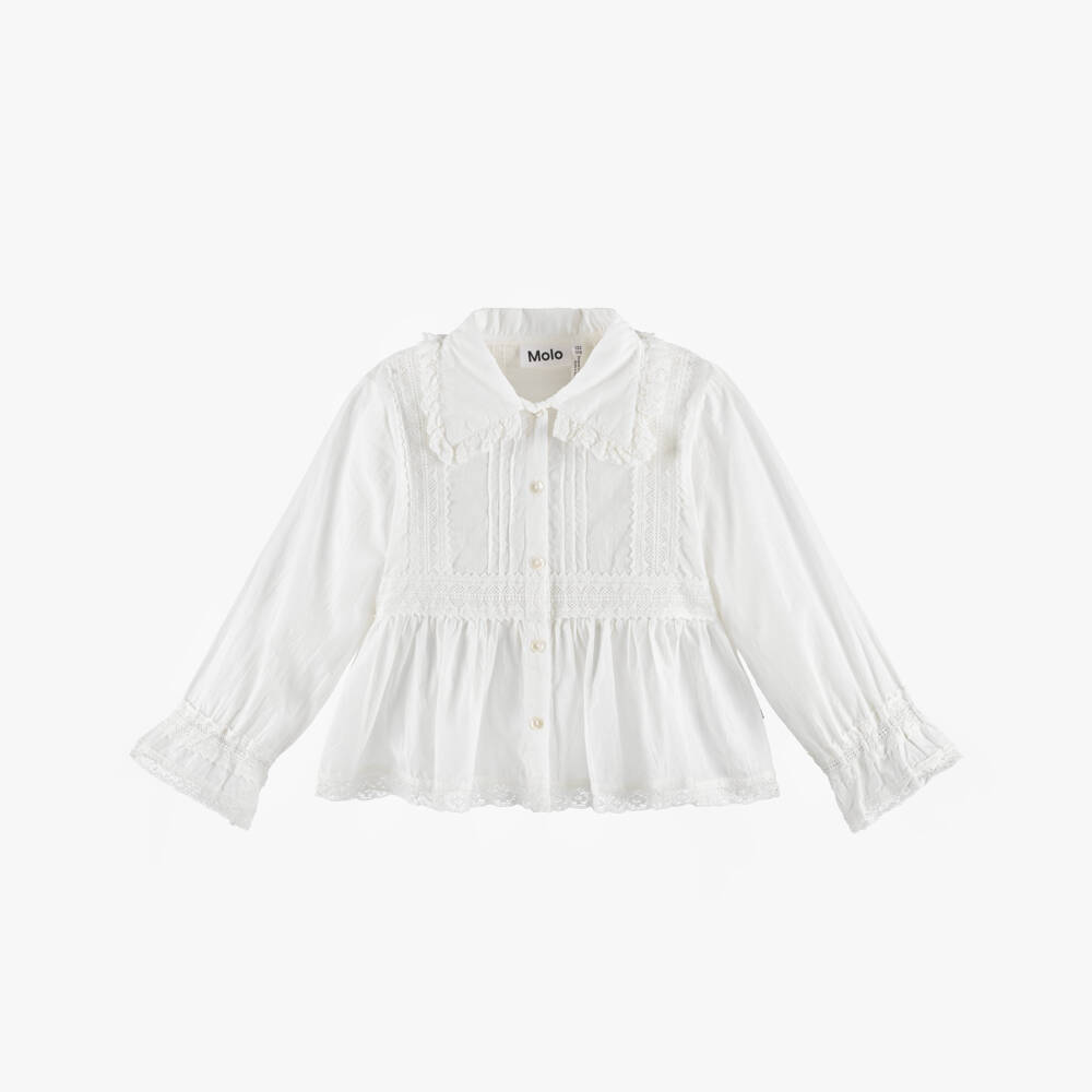 Molo-Girls White Cotton Long Sleeved Blouse with Lace Trims | Childrensalon