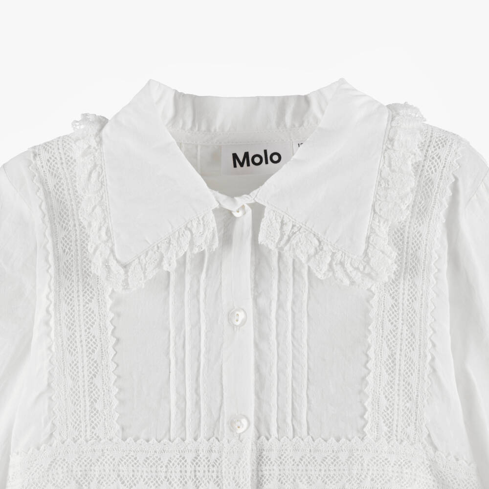 Molo-Girls White Cotton Long Sleeved Blouse with Lace Trims | Childrensalon