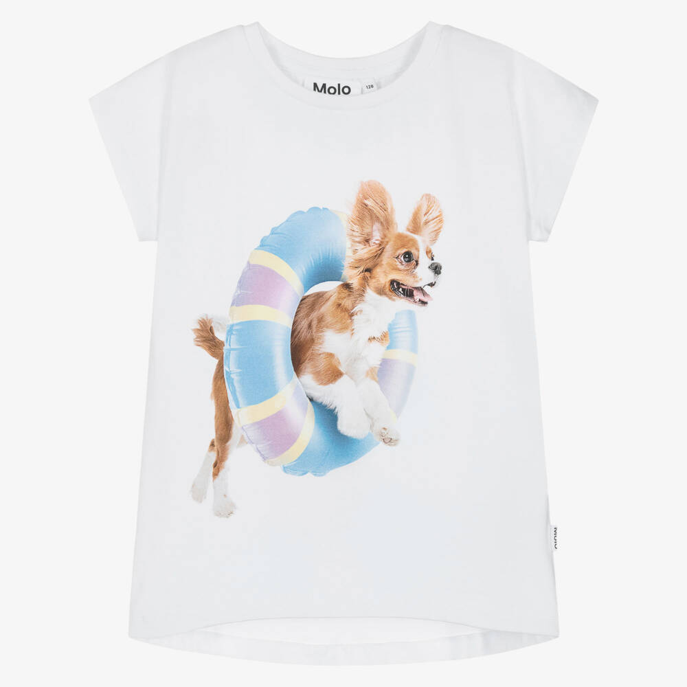 Molo-Girls White Cotton T-Shirt with Beach Dogs Motifs | Childrensalon