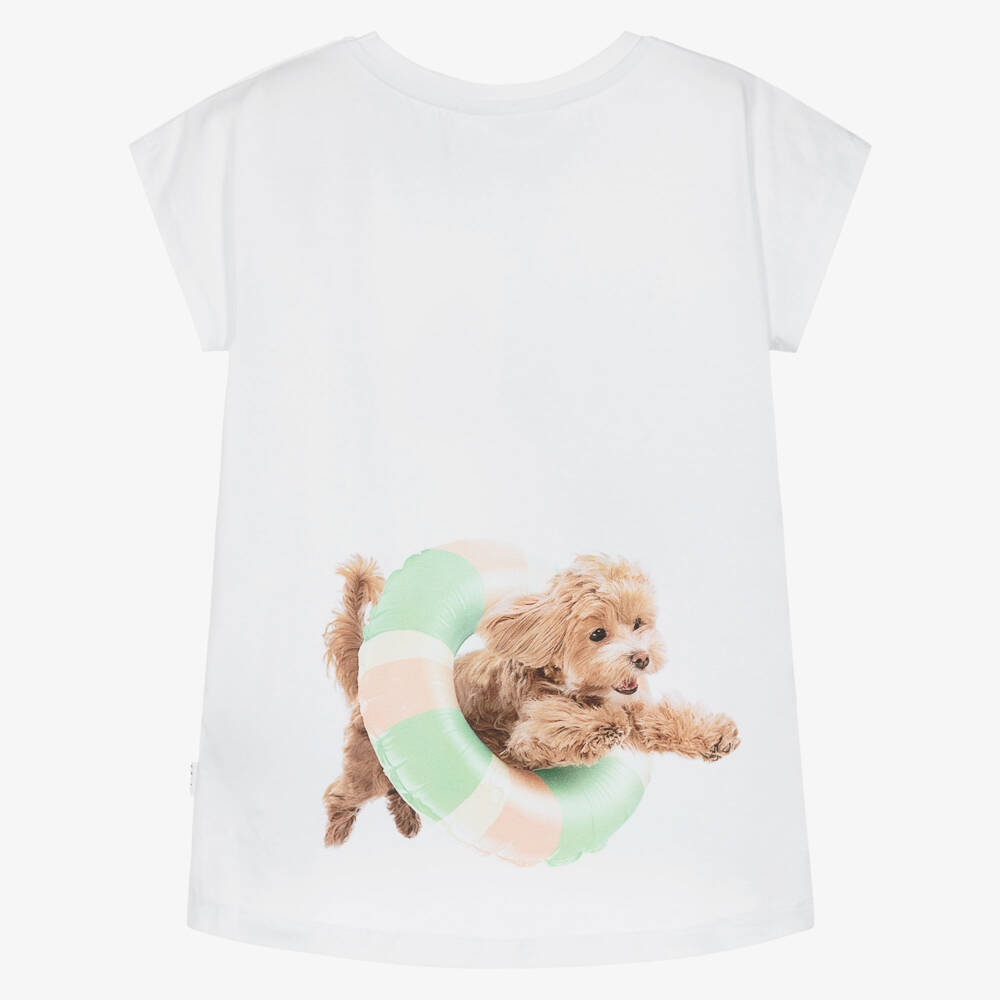 Molo-Girls White Cotton T-Shirt with Beach Dogs Motifs | Childrensalon