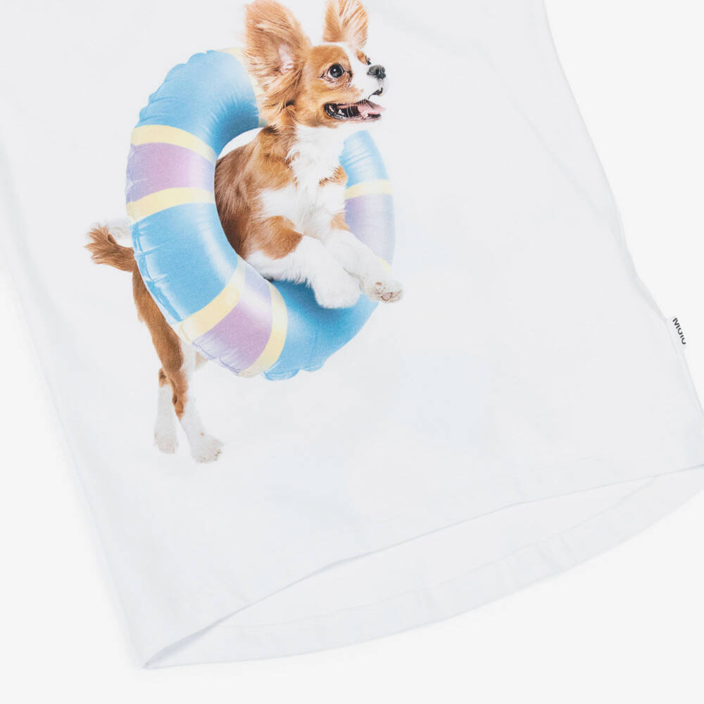 Molo-Girls White Cotton T-Shirt with Beach Dogs Motifs | Childrensalon