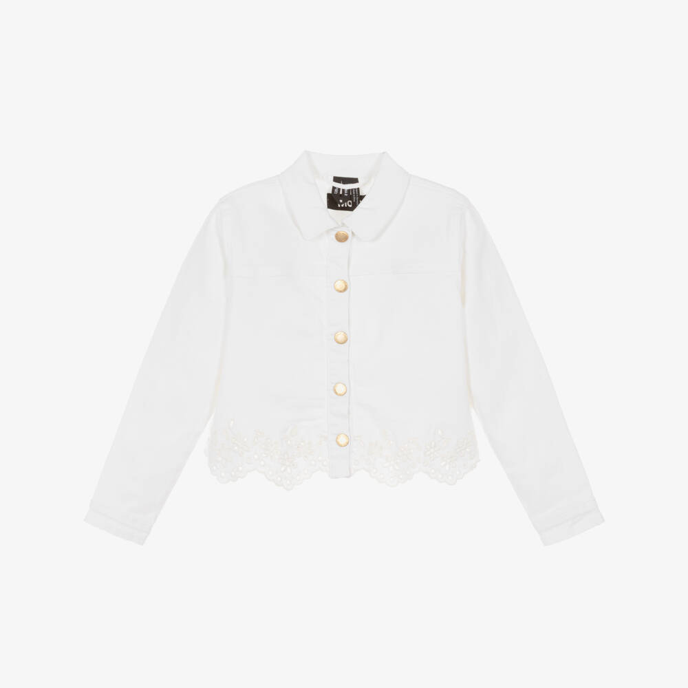 Molo-Girls White Denim Jacket with Broderie Trim | Childrensalon
