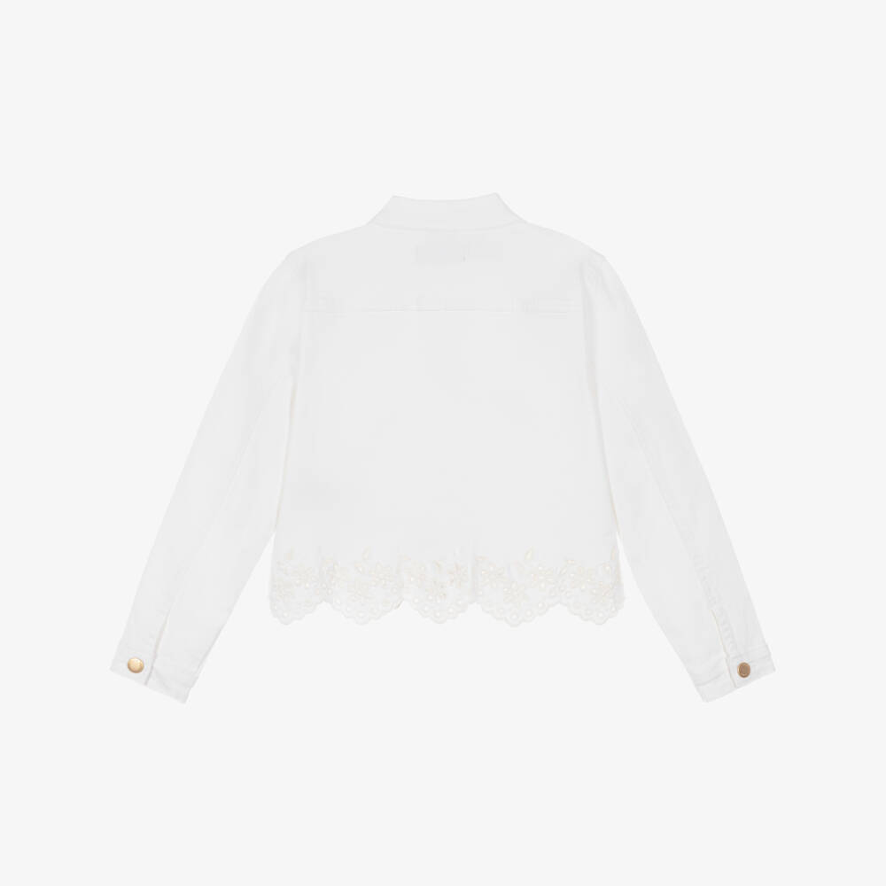 Molo-Girls White Denim Jacket with Broderie Trim | Childrensalon