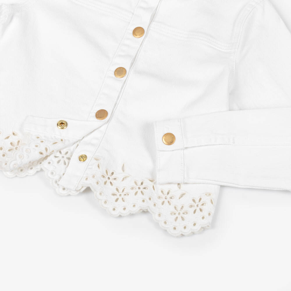 Molo-Girls White Denim Jacket with Broderie Trim | Childrensalon