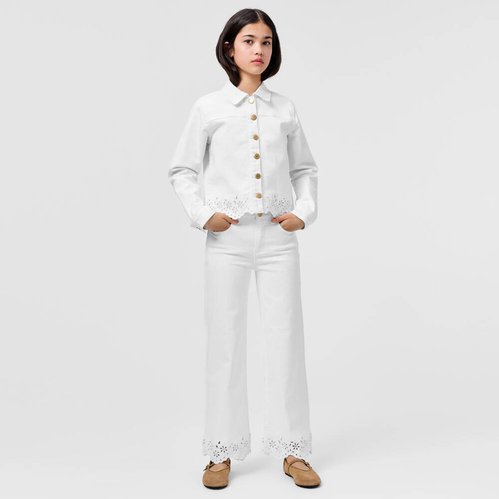 Molo-Girls White Denim Jacket with Broderie Trim | Childrensalon