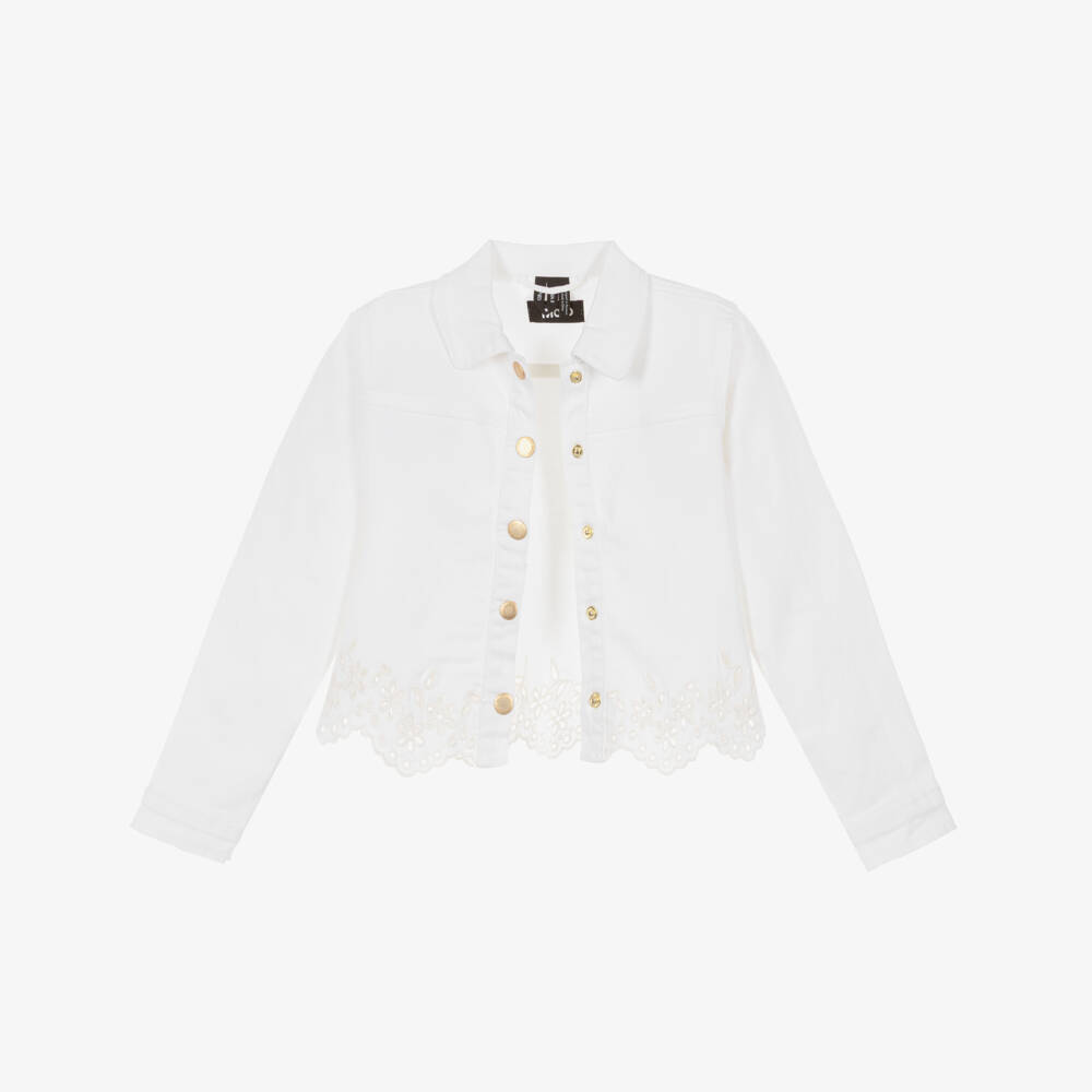 Molo-Girls White Denim Jacket with Broderie Trim | Childrensalon