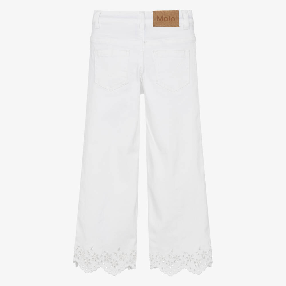 Molo-Girls White Denim Jeans with Broderie Anglaise Trims | Childrensalon