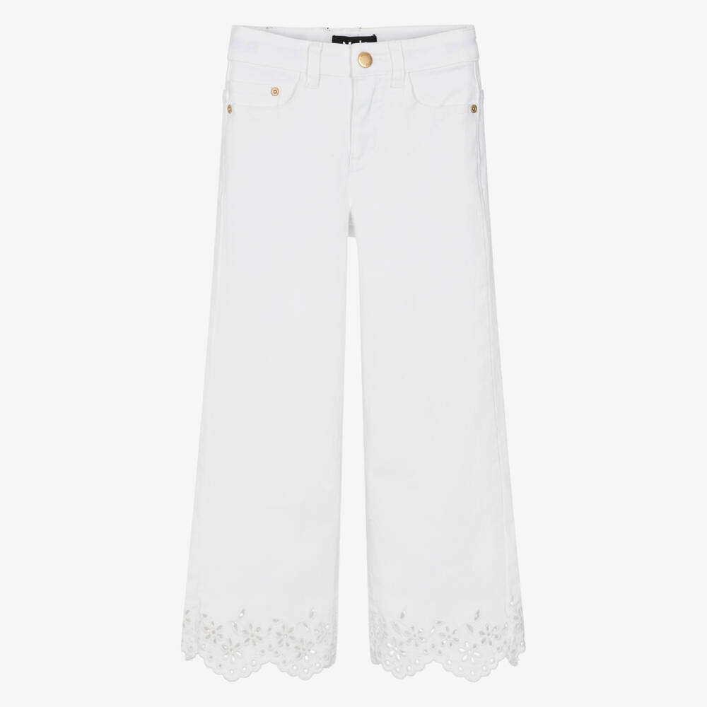 Molo-Girls White Denim Jeans with Broderie Anglaise Trims | Childrensalon