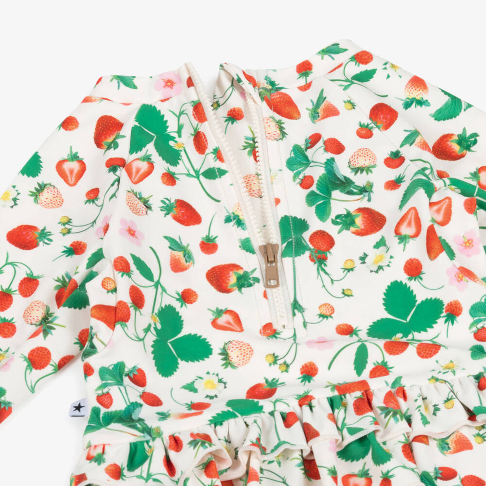 Molo-مايوه بأكمام طويلة ونقشة الفراولة لون أبيض للبنات (UPF50+) | Childrensalon