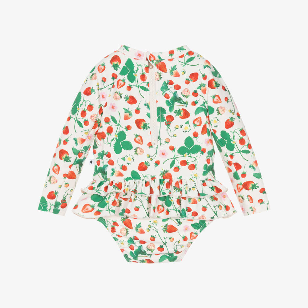 Molo-مايوه بأكمام طويلة ونقشة الفراولة لون أبيض للبنات (UPF50+) | Childrensalon