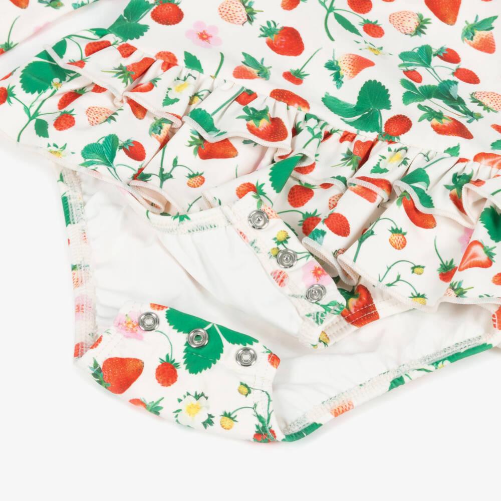 Molo-مايوه بأكمام طويلة ونقشة الفراولة لون أبيض للبنات (UPF50+) | Childrensalon